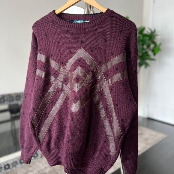 Vintage Men's Maroon Sweater by Signor Angelo - Italian, Leather Detail - Picture 5 of 6
